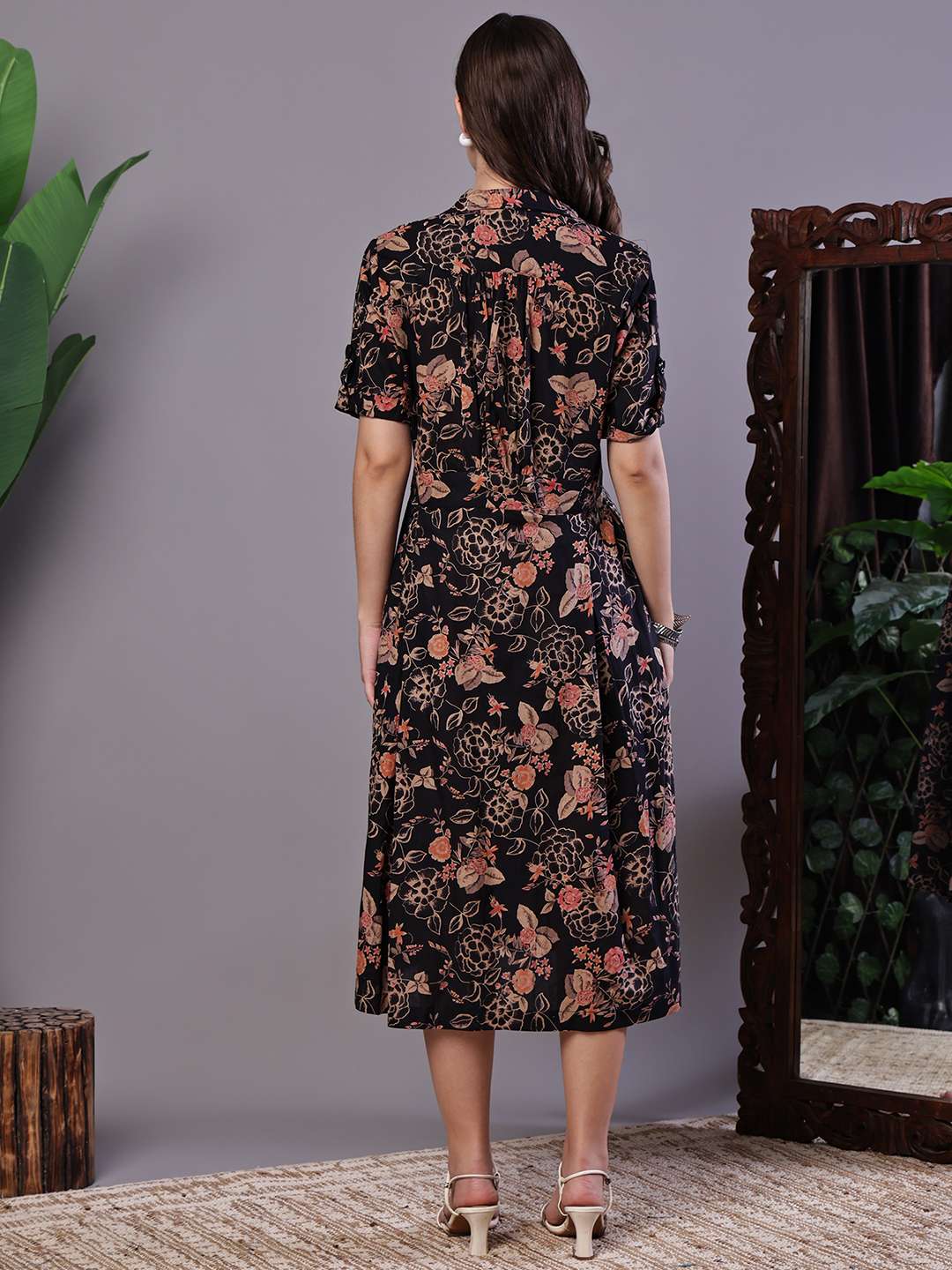 Women's Chic Black & Rust Floral Print Button-Front Midi Dress - Image 2