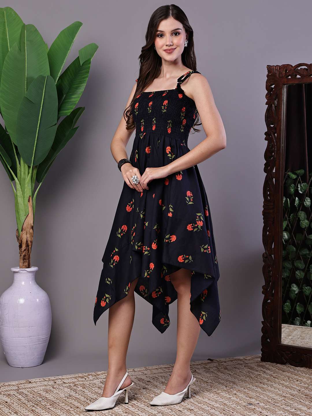 Women's Black Floral Printed Cotton Handkerchief Hem Dress Midi Dresses - Image 3