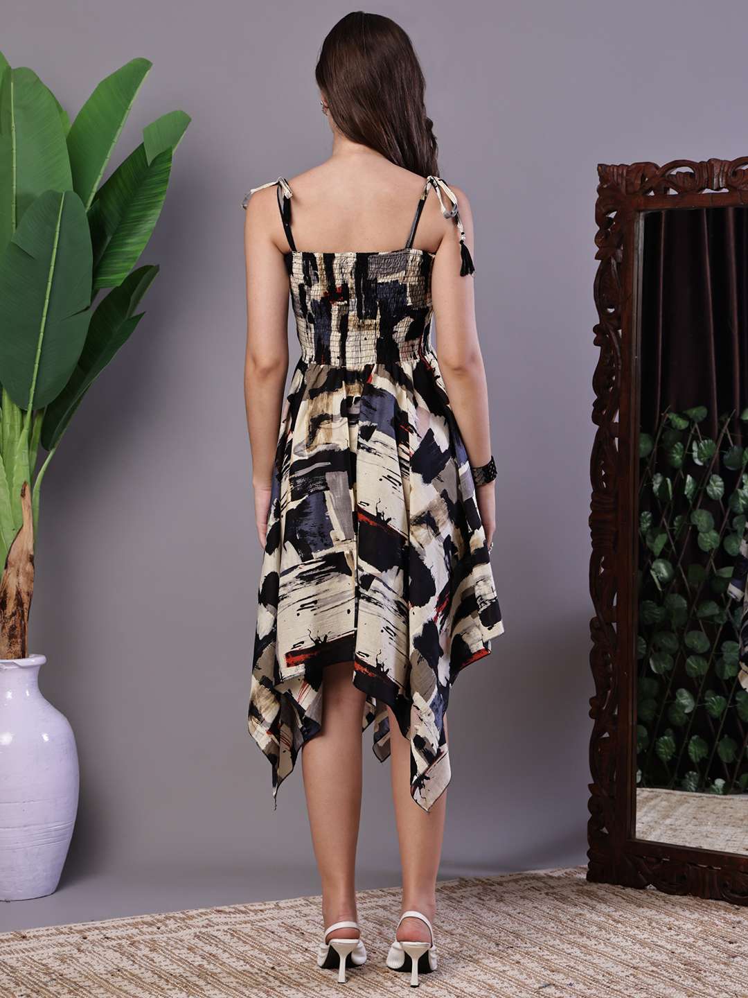 Women's Abstract Print Smocked Asymmetrical Hem Dress Midi Dresses - Image 2